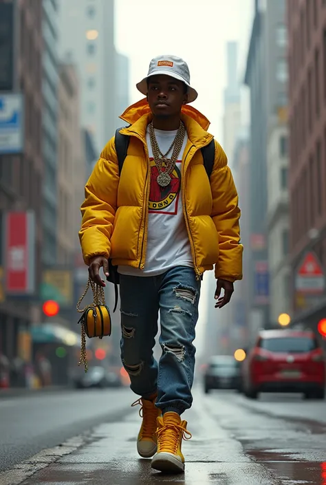  Spiderman yellow and white color with a combination of hiphop style, wearing hiphop accessories ,wearing a hiphop hat ,  walking the streets of the city , realistic image ,HD quality,camera full 