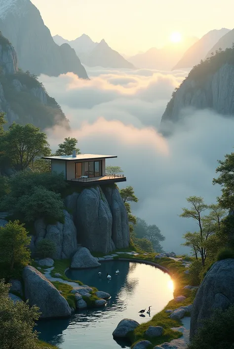 steep mountains, a simple modern house on a plateau complete with chimney, blending in with the surrounding nature and mini jungle, shrouded in thick clouds, beautiful sunrise, stone paths, steep ravines on either side, clear water ponds made from falling ...