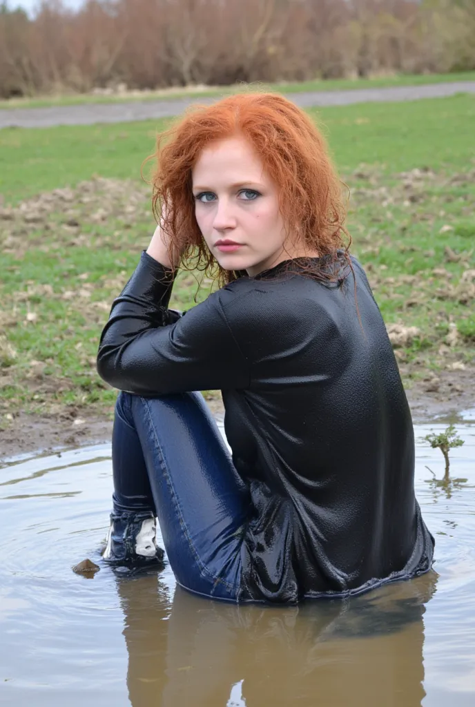 ((rear view)), tall red head woman, blue eyes, curly hair,  skinny jeans, stiletto heel boots, partly wet clothes,  partly wet jeans,  outside sitting in a puddle, wet clothes,  wet hair, partialy submerged