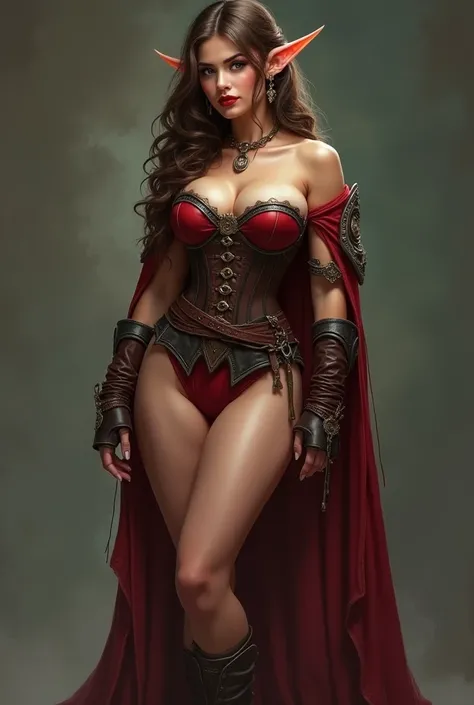 rogue elf woman, perfect and curvy average body, big breasts, thick legs, wide hips, big and perky ass, sensual look and pose, red lipstick and light makeup, brown hair, brown eyes, wearing a low-cut leather corset, with short clothes, amulet, earring, cap...