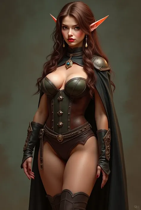 rogue elf woman, perfect and curvy average body, big breasts, thick legs, wide hips, big and perky ass, sensual look and pose, red lipstick and light makeup, brown hair, brown eyes, wearing a low-cut leather corset, with short clothes, amulet, earring, cap...