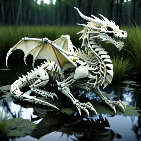 Dragon made of bones. Made of broken bone.  Realistic.  In a swamp.