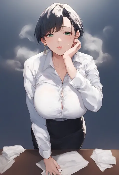 ( masterpiece),  top quality,  expressive eyes, perfect face,  female anime character in a robe posing on a background that looks like a desk,  1 girl, Alone,   jewelry,  shirt,  earrings, white  shirt,  skirt by humili,  jacket,  green eyes,   black hair,...