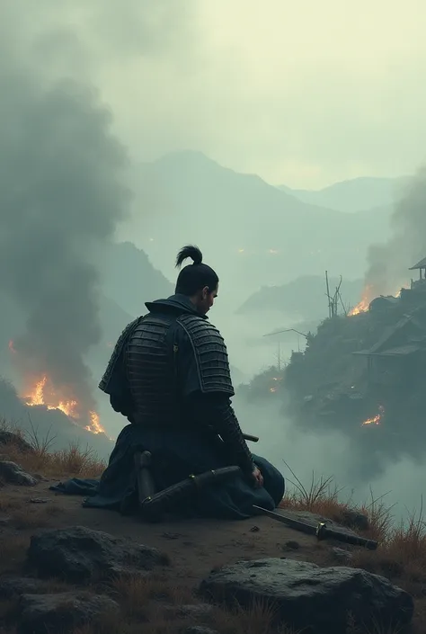 A kneeling samurai watching the destruction of the war from a mountain .  A landscape with a lot of smoke and destroyed huts and the samurai sword buried in the ground