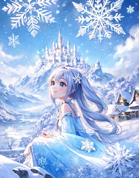  long silver hair、  beautiful twin-tail girl 、  princess、smile、  princess的脸出现在空中， Winter landscape ，Surreal Wonderland，、  Dreamy Clouds and Fairy Island  ，(  Big snowflake :1.3)，五颜六色的  Big snowflake 飞舞着，  princess&#39;  The Palace Is Covered in Snow  ， The...