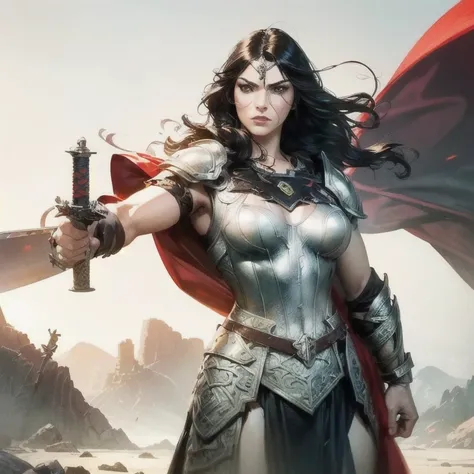  a beautiful lady Sif , Thor's wife , portrait,  intricate and detailed face ,  long wavy hair, intense gaze,   heroic expression ,  detailed armor, red cape,  holding a sword, standing in a dramatic pose, detailed Fantasy landscape background, epic  kinem...