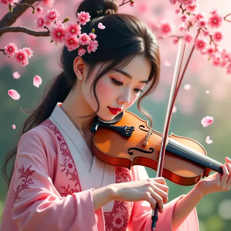 Oriental Beauty, young and beautiful, plays a musical instrument in a cherry blossom garden,  high quality,  realism, passion and tenderness