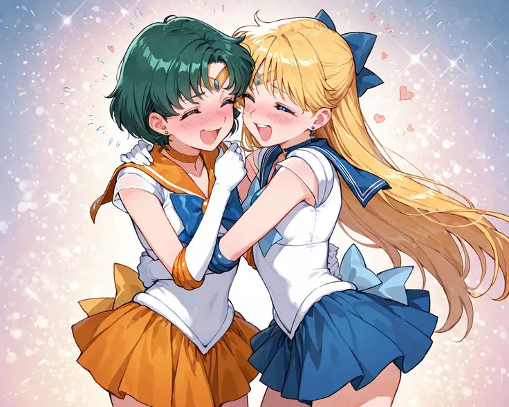 2girls, hug each other, cowboy shot, Ultra detailed, best quality, beautiful, masterpiece,
BREAK
sailor mercury, embarrassing, nose blush,
BREAK
sailor venus, smile, laughing,