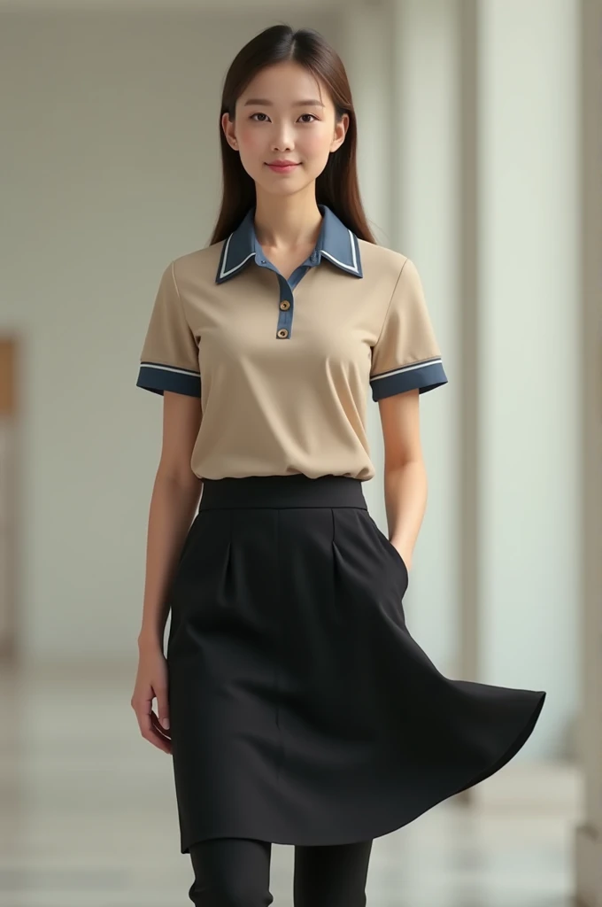  A uniform with a beige polo shirt with blue details and black pants, the person wearing it who has the skirts outside  