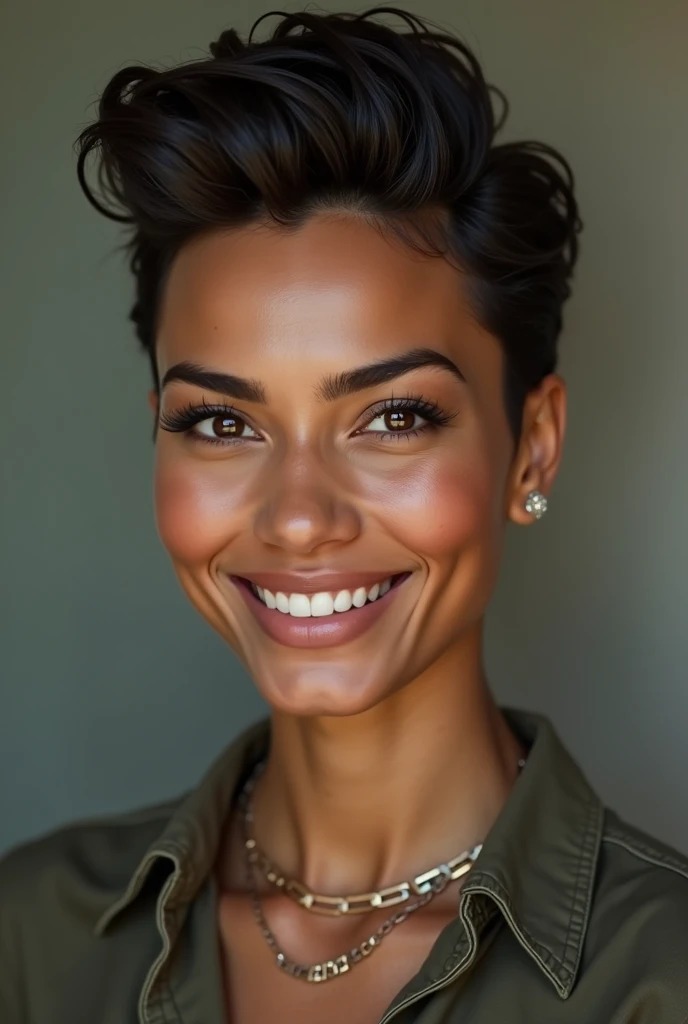 Woman with hair in a masculine cut
Big nose 
Beautiful smile
Indigenous and brown eyes
Medium eyebrow
Men's clothing 
Average height
