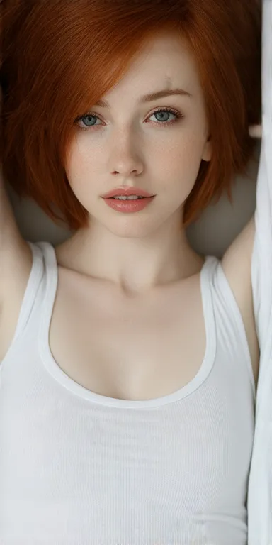 Short, petite,perky,busty,long neck,tight tiny booty shorts,no top,no bra,red hair short,big blue eyes,plump lush lips