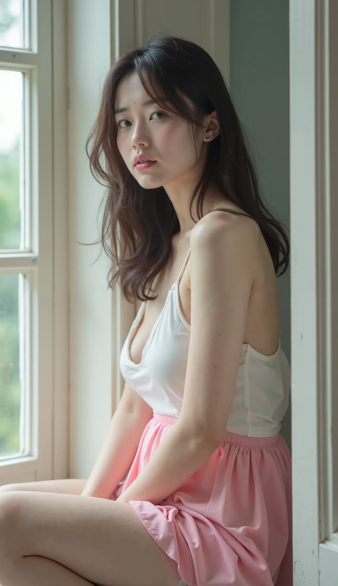 Wide angle shot, Japanese young woman with pinkish white skin and body, good complexion, young and youthful, round and plump face, cute chubby cheeks, dark eyebrows, pink lips. She wears a thin white and pink cloth, loose fit, revealing a beautiful chest, ...