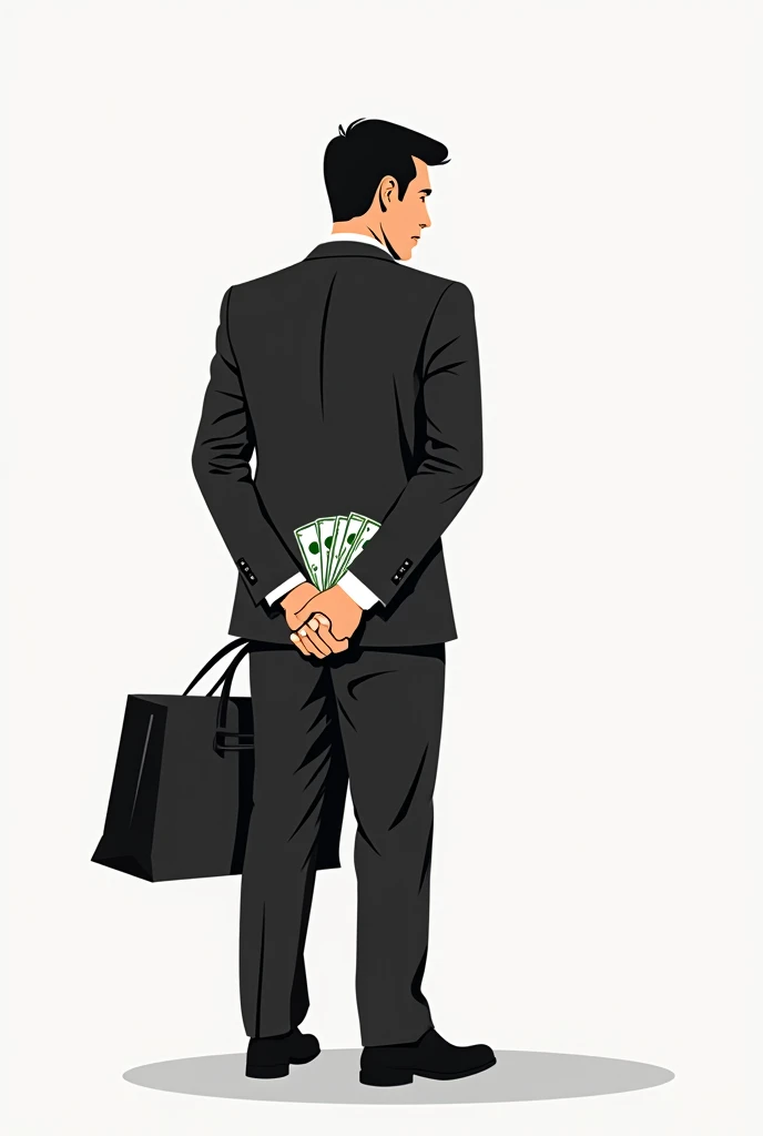 Generate a simple 2D graphic of a businessman hiding a handful of money behind his back. FULL BODY. The design should be minimalistic and not realistic, using bold lines and high contrast for clarity. The character should be depicted in a straightforward, ...