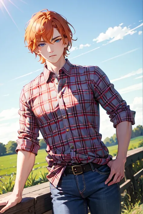 Orange Hair，Blue Eyes， pretty boy， plaid shirt， jeans ，American rural background