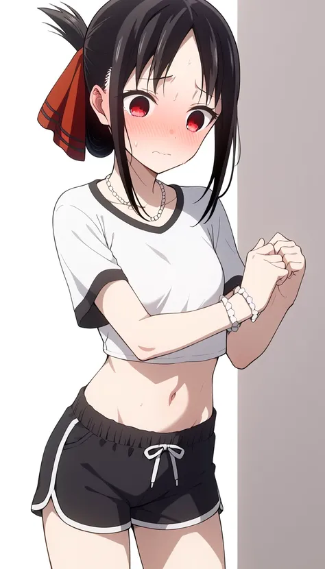 kaguya shinomiya, short hair, bangs, black hair, red eyes, hair ribbon, sidelocks, folded ponytail, parted bangs, posing embarrassed, red face, embarrassed, Ashamed, Small breasts, single hair bun, necklace, white shirt, white shirt, cropped shirt, raglan ...