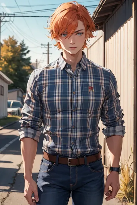 Orange Hair，Blue Eyes， pretty boy， plaid shirt， jeans ，American rural background