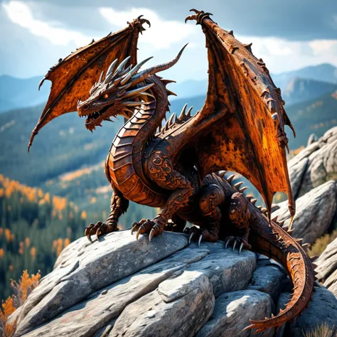 Dragon covered in rust.  Realistic.  On a Rocky Mountain.