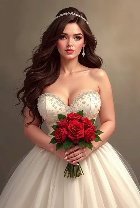  The most beautiful woman in the world,  long, soft hair, brown,  green eyes, plump lips,  curvy body,  voluptuous,  medium breasts seductive brunette, wearing a gorgeous wedding dress,  elegant and sensual,  holding a bouquet of red roses, romantic and se...