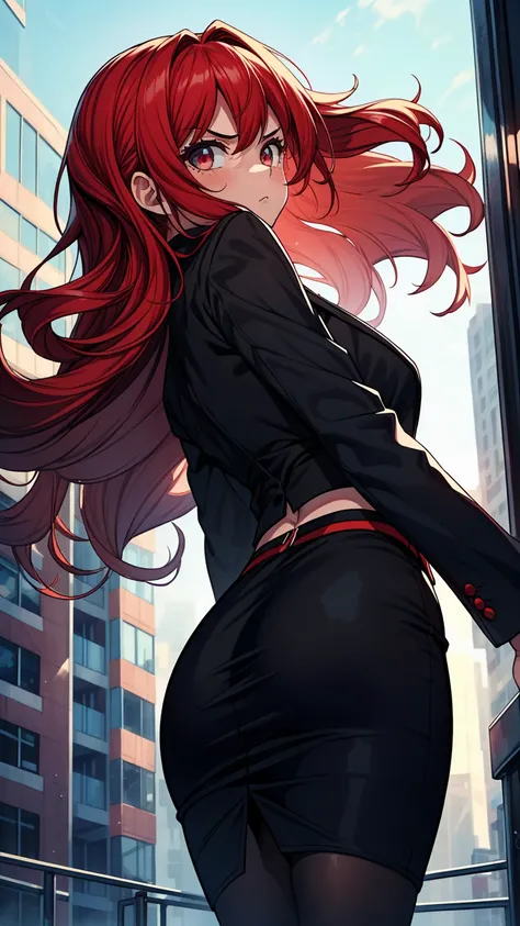 ((masterpiece, best quality:1.3, high detail)), (1girl), beautiful angry business woman, solo focus, long wavy hair, red hair, (black blazer), (black pencil ((skirt)), city, (view from below),