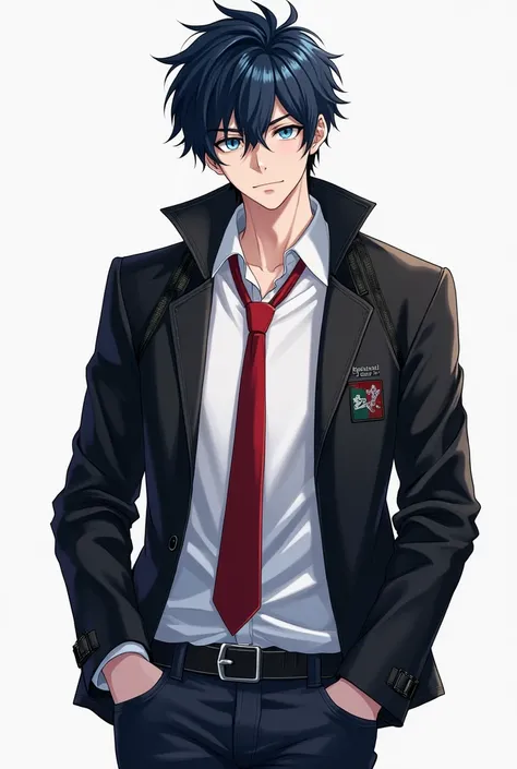 adult anime man with black jacket and white shirt and black hair and with blue tufts and blue eyes and red tie and jeans 