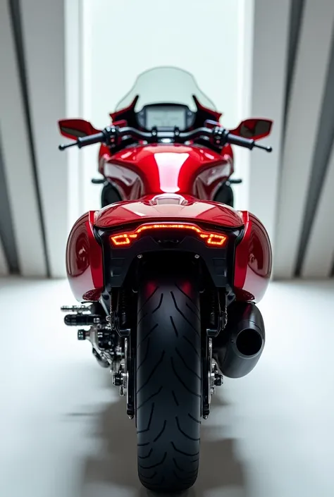 2025(Honda goldrwing) motorcycle in vibrant(red shiny) color standing in luxury showroom.full (back ) show with showroom background white blur