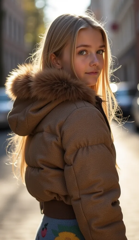 Backside diagonally photo from side behind of a sweaty hot wet cute beautiful sunkissed tan tanned blonde blonde longhaired furtuned dutch spanish young posing age femboy wearing dull canvas brown mocha gucciprint cropped short puffer jacket. Huge big brow...