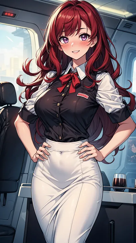 ((masterpiece, best quality:1.3, high detail)), ((1girl)), (((beautiful woman))), (flight attendant), bright purple eyes, (smile), ((full-face blush)), (long wavy hair), (dark red hair), hairpin, (sunglasses), (white blouse), (black midi pencil ((skirt))),...