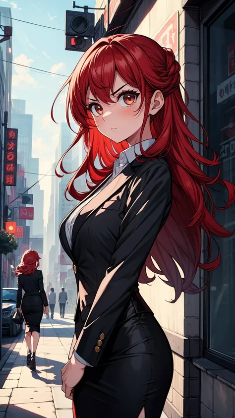 ((masterpiece, best quality:1.3, high detail)), (1girl), beautiful angry business woman, solo focus, long wavy hair, red hair, (black blazer), (black pencil ((skirt)), city,