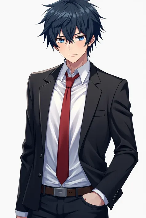 adult anime man with black jacket and white shirt and black hair and with blue tufts and blue eyes and red tie and jeans 