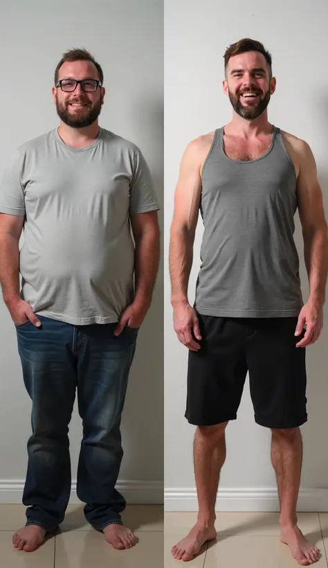 Men Show the transformation of people before and after losing weight. On the left side, show an overweight person, dressed casually and with a shy smile. On the right side, show the same person after losing weight, dressed in gym clothes, with a confident ...