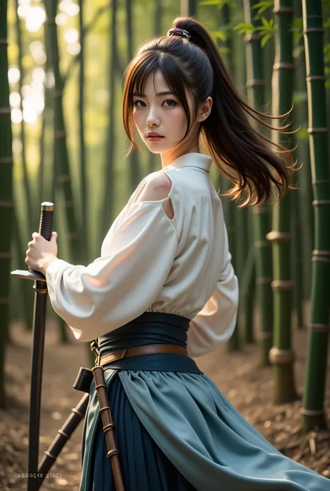 Female Samurai Photo, is standing in a combat position , With a sword drawn from its sheath,  Ready for Battle , Wearing a samurai costume ( kimono) (Wind in the Bamboo Forest), (  standing in a fighting position  ), A cut on her shoulder (  Advanced Skin ...