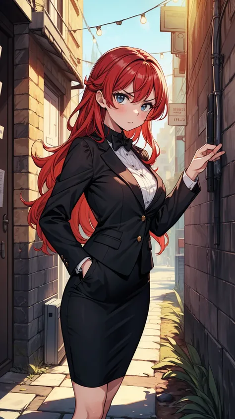 ((masterpiece, best quality:1.3, high detail)), (1girl), beautiful angry business woman, solo focus, long wavy hair, red hair, (black blazer), (black pencil ((skirt)), stone wall, city alley,