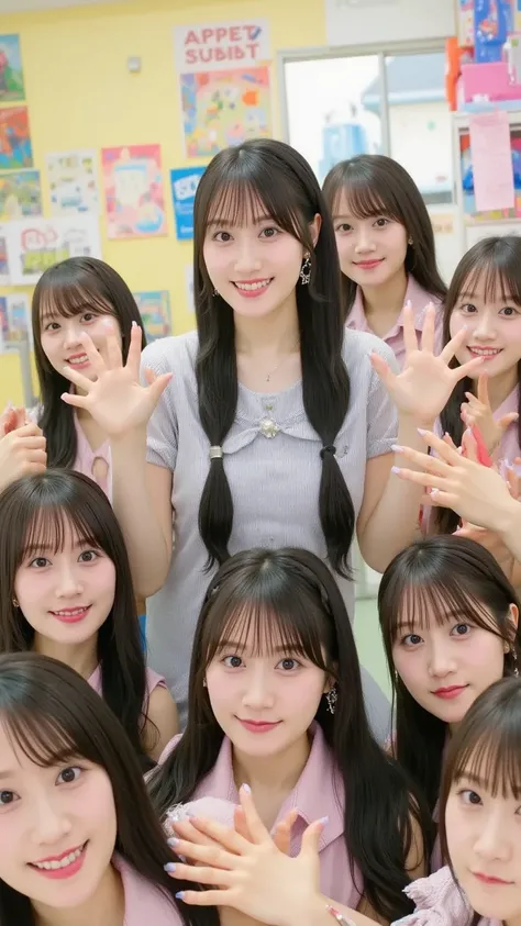 "An image of a kindergarten teacher surrounded by a group of cheerful young ren in a colorful classroom. The teacher is smiling warmly, dressed in a casual, professional outfit suitable for working with s, like a blouse and comfortable pants. The ren, rang...