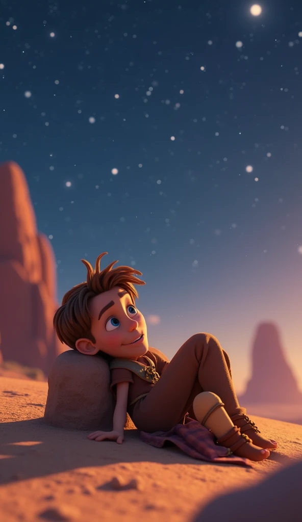 Jacob, A young man just woke up,  brown hair, Is the sky sunny.  He is dressed in clothes of the time and is lying with his head in the stone looking at a starry sky, The scene takes place in the desert .  Scene comes alive with the magic of Pixar 3D anima...