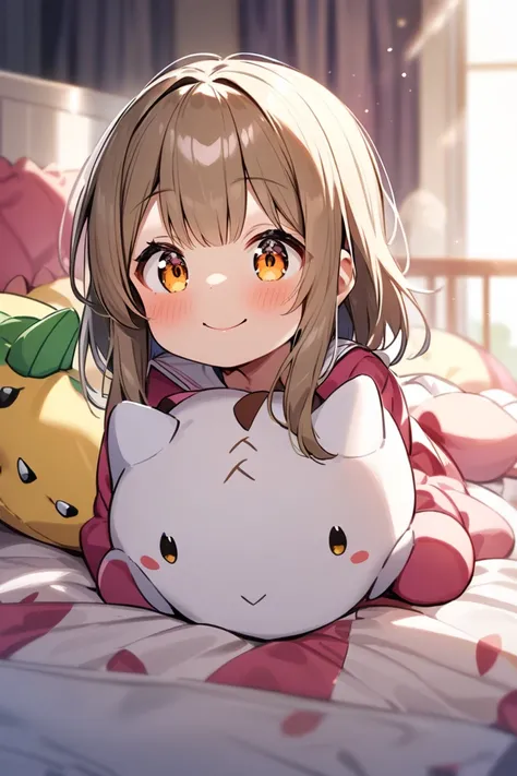 loli, bed,  dragon plush ,  smiling