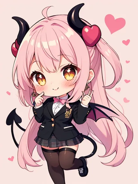  1 girl, solo,  look,  smiles,  Shortcut,  heart shaped earrings,  Glitter Effect , (blowing kiss:1.3),  looking at viewer, (chibi-style :1.5),  A high school gal with small devil horns and a playful, spade-shaped tail. She has long, wavy pink hair with cu...