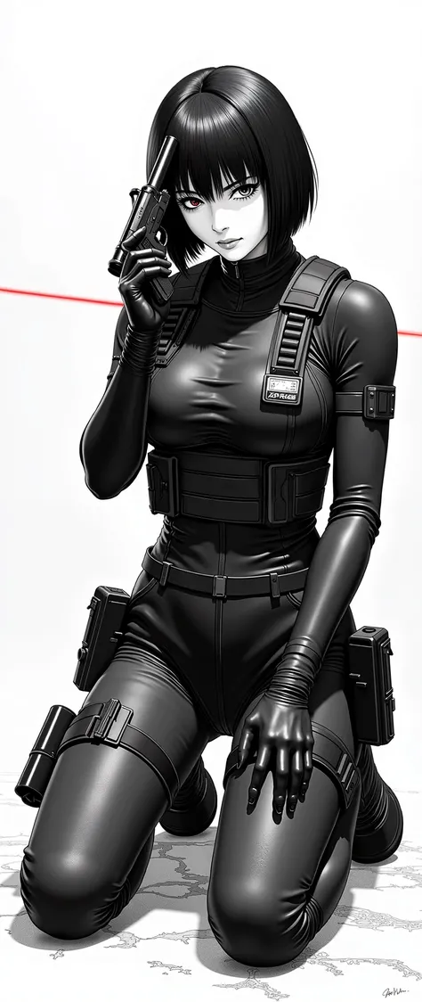 ( masterpiece, excellent quality,Mirror-like, cinematic experience , insanely detailed,  is ridiculous),8k, wallpaper,,( best illustrations:2.0),( one woman:2.0),( Motoko Kusanagi:2.0),( a world view like Ghost in the Shell :2.0),( black tactical bodysuit ...