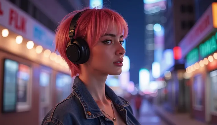 whole body、 low angle、Denim jacket、 beautiful collarbone、美しいprofile、The best photos for TikTok、 Gold、 sink、profile、 pink inner color hair、 short hair、Beauty、 dynamic angle to appreciate pussy、ヘッドフォンをしているBeauty、Night city background with neon lights