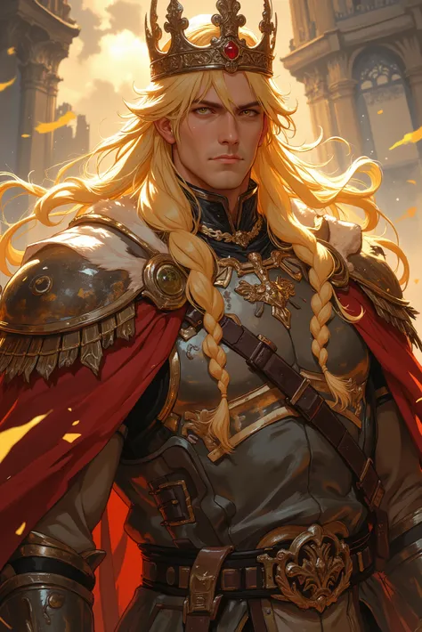 Huge blond man with small braids on his long hair. Imposing face. Emits the presence of superiority. upright posture. Firm. standing. anime. Fantasy. isekai. Noble clothing from the medieval era. king's crown. mature man