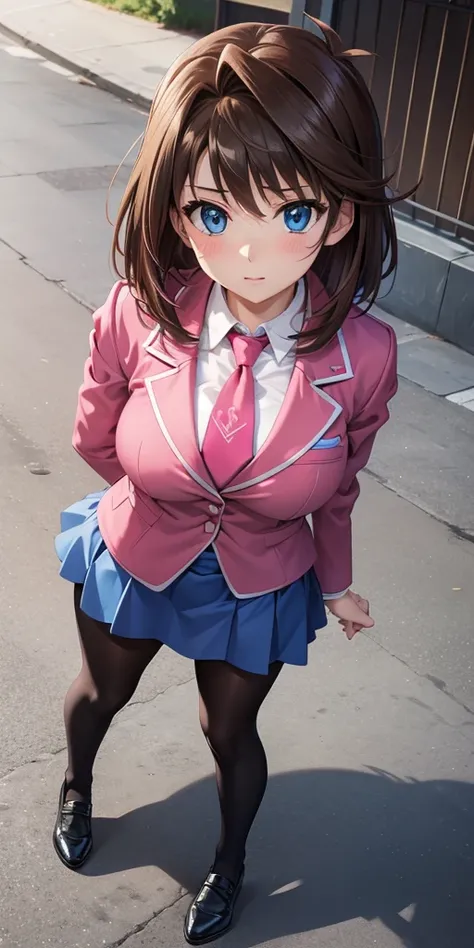  1 female, high definition, High resolution ,  ultra-realistic  ,8K, aamazaki, ( hair antenna:1.2),  blue tie,blue eyes, ( pink jacket), blazer,  Long Sleeves Leather, blue skirt,  Skinny skirt ,  miniskirt, black shoes, big breasts,European,sexy, Close-up...