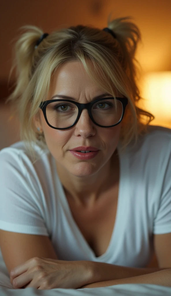 Amateur photo, sharp detail, realistic detail, bokeh. Closeup, cinematic lighting. Dramatic low angle at subject leaning forward to look at the viewer. A beautiful curvy caucasian woman, smile lines, wrinkles, 47 years old, short blonde hair, pigtails, wea...