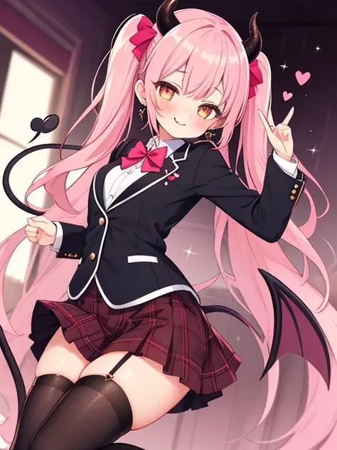  1 girl, solo,  look,  smiles,  Shortcut,  heart shaped earrings,  Glitter Effect , (blowing kiss:1.3),  looking at viewer,  A high school gal with small devil horns and a playful, spade-shaped tail. She has long, wavy pink hair with cute twin tails, spark...