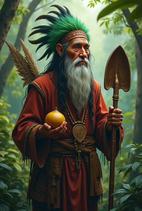  Make an image of an old Indian with a green plume,  was an American Indian style shovel ,  cane in the left hand and araçá in the right hand . Curved Indian  