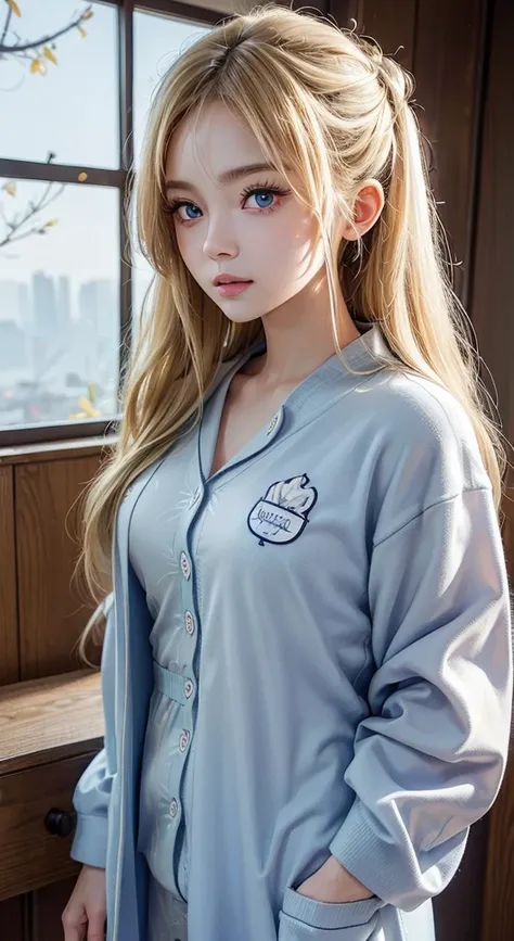 About 20 years old、Japan women、Beautiful woman、Blonde straight long hair、Beautiful hair、A detailed face、Detailed eyes、A detailed face、Detailed skin、realskin、((pajamas、Canadian pattern long cardigan))、autumn hospital、Hospital garden、Big ginkgo tree、((Light ...