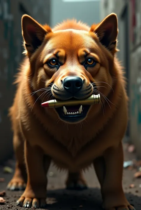  Realistic image of a brown dog. He has a bullet between his teeth .