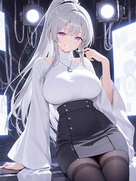  Super Details,  Masterpiece,  Best Quality ,
 alone , Facing the viewer , Smiling light ,
 1girl ,  purple eyes, Bangs,  big chest , long hair,  gray hair,  Ponytail,  Black High Waist Skirt, White High Neck Top,  3/4 Long Sleeves ,wide sleeves,
 Black St...