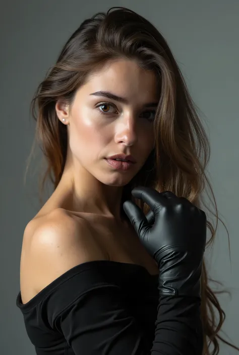 **The image captures a young, single woman in what appears to be a studio. Her age appears to be around 25. The background is a neutral, grey tone that draws all the attention to her. In the foreground, we can see her face, her bare shoulder, and a gloved ...