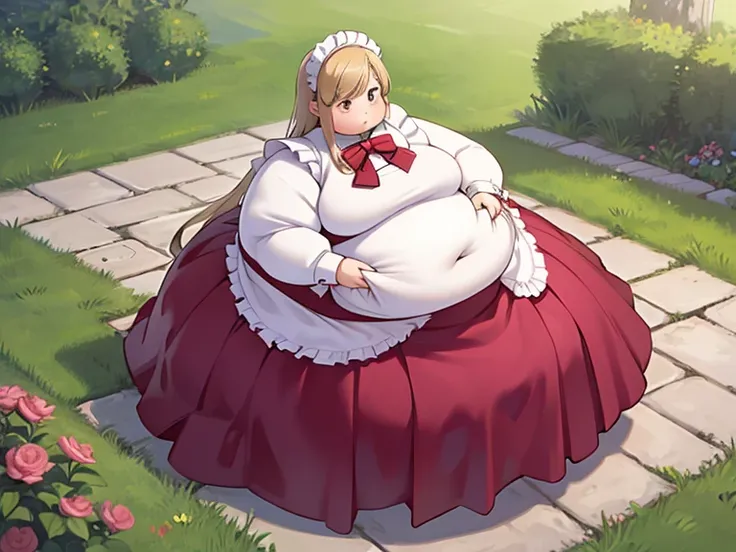 masterpiece,  best quality, Advanced Details ,  very obese ,  girl,  cute,  sitting on the floor,  very obese ,  My stomach is very sticking out, very big legs , Standing in the garden ,  The entire dress completely covers the body.、(pink long sleeve maid ...