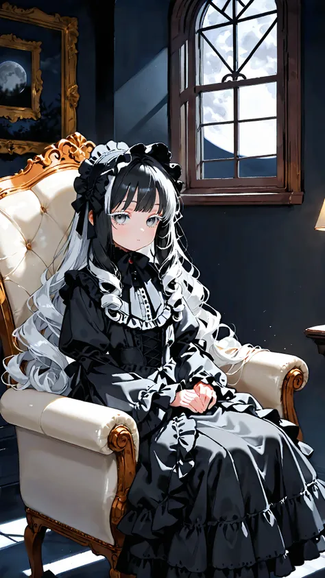   high quality，  long silvery hair，Curly Hair，
Half Closed Grey Eyes  ，White eyelashes，
  very young girl   ，    in the seat，
  Black Gothic Lolita  ，   black headdress ，
   dark room background  ， Moon Seen Through the Window，
Sitting on a white chair，