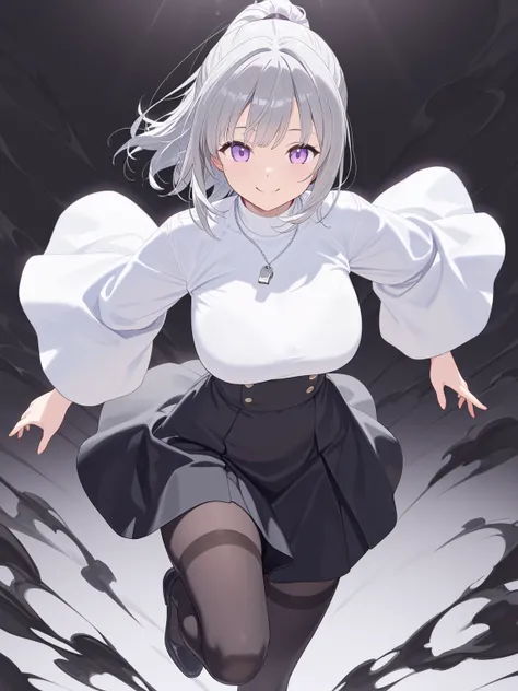  Super Details,  Masterpiece,  Best Quality ,
 alone , Facing the viewer , Smiling light ,
 1girl ,  purple eyes, Bangs,  big chest , Medium hair,  gray hair,  Ponytail,  Black High Waist Skirt , White High Neck Top,  3/4 Long Sleeves ,wide sleeves,
 Black...